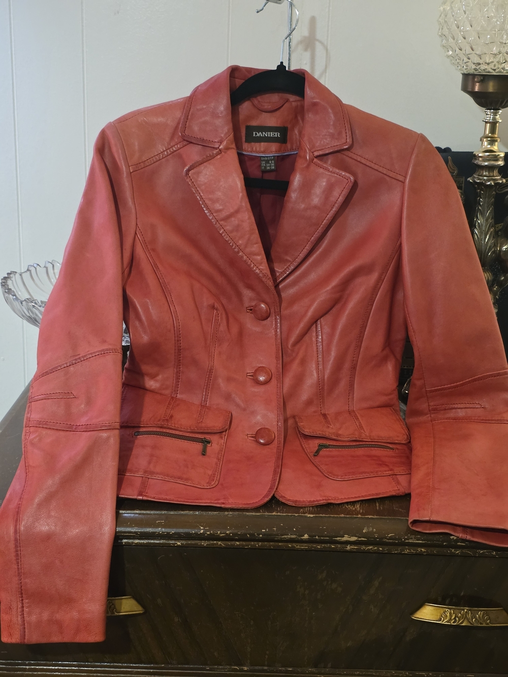 Danier Coral-Red Super Soft Leather Blazer With Gathered Waist, Pocket Accents.